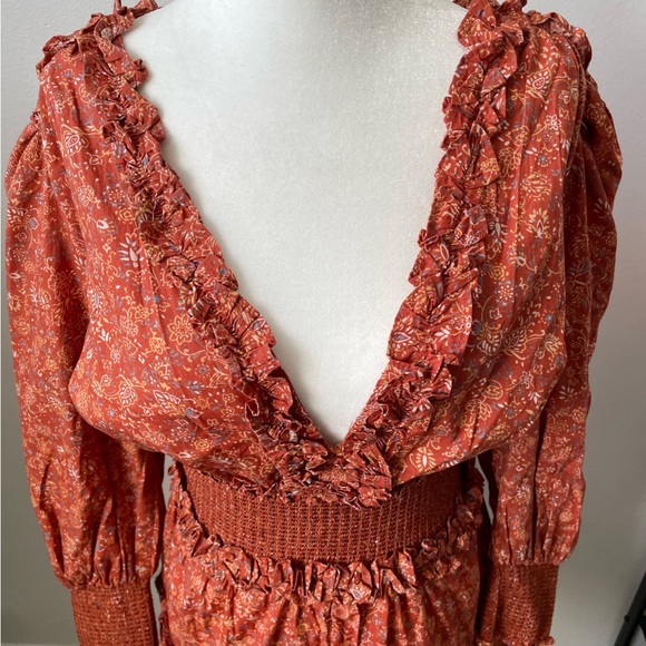 NWT House Of Harlow 1960 Wallis Rust Peasant Western Style Smocked Dress Size M - Picture 4 of 11